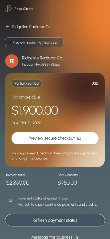 Paxo Clients invoice preview with example data: balance due, secure checkout preview and payment status.