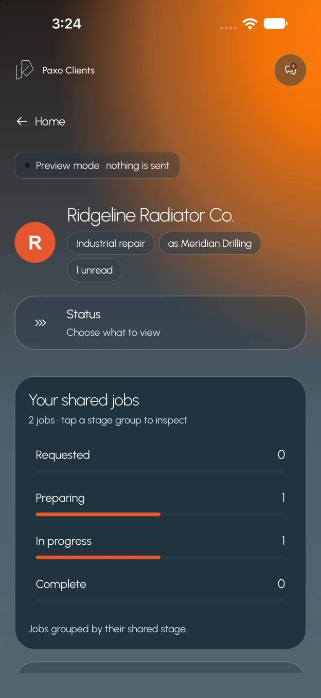 Paxo Clients business page with example records: a fictional client's shared jobs grouped by stage.