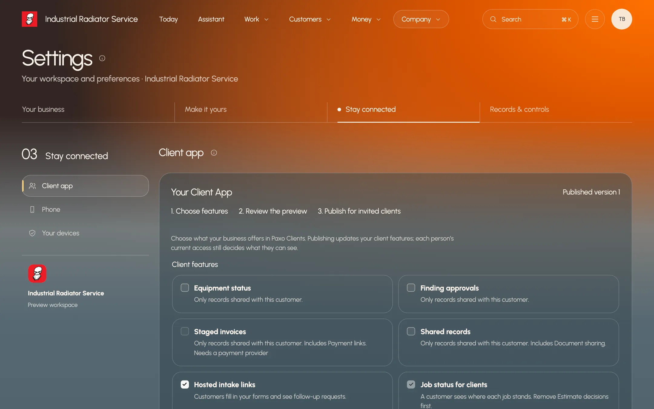 Paxo Client app settings for choosing which features invited clients see, using example records