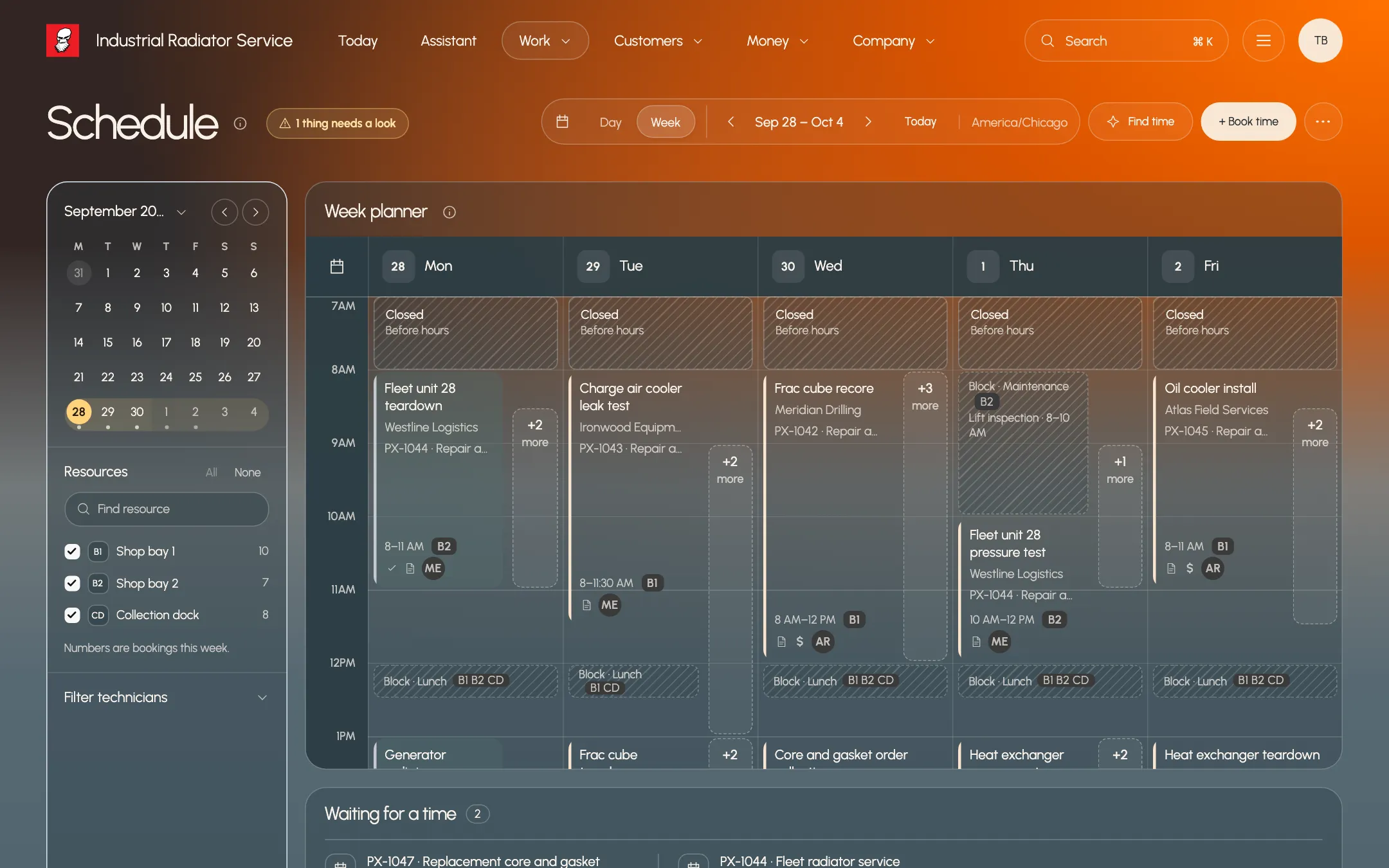 Paxo Schedule week view with bookings like Frac cube recore across shop bays, using example records