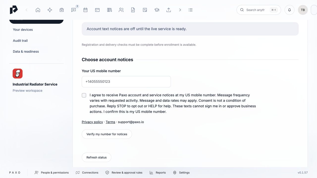 Actual development preview of the separate, unchecked account-notice consent. Enrollment is disabled pending live registration and delivery checks.