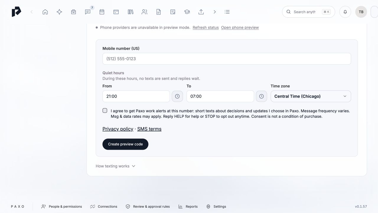 Development preview of personal phone settings with an unchecked work-alert consent box, privacy and SMS terms links, and a verification-code request button. Fictional account.