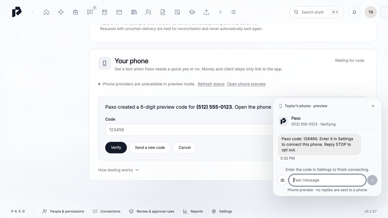 Actual development preview after requesting a fictional phone verification code. It shows the pending verification step and states that nothing was really sent.